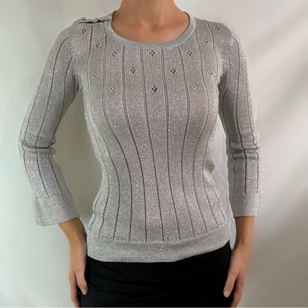 Vintage silver metallic knit sweater long sleeve small gray